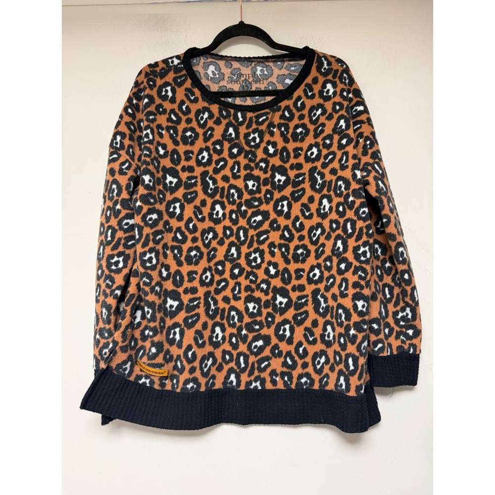 Simply‎ Southern Leopard Print Crew Neck Pullover Sweatshirt Brown Black Large